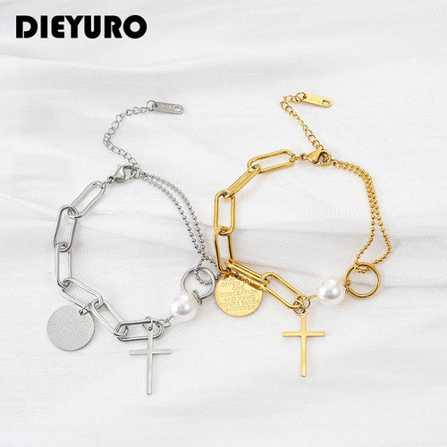 Silver and gold asymmetrical cross pearl chain bracelets with pearl, heart disc, cross charm