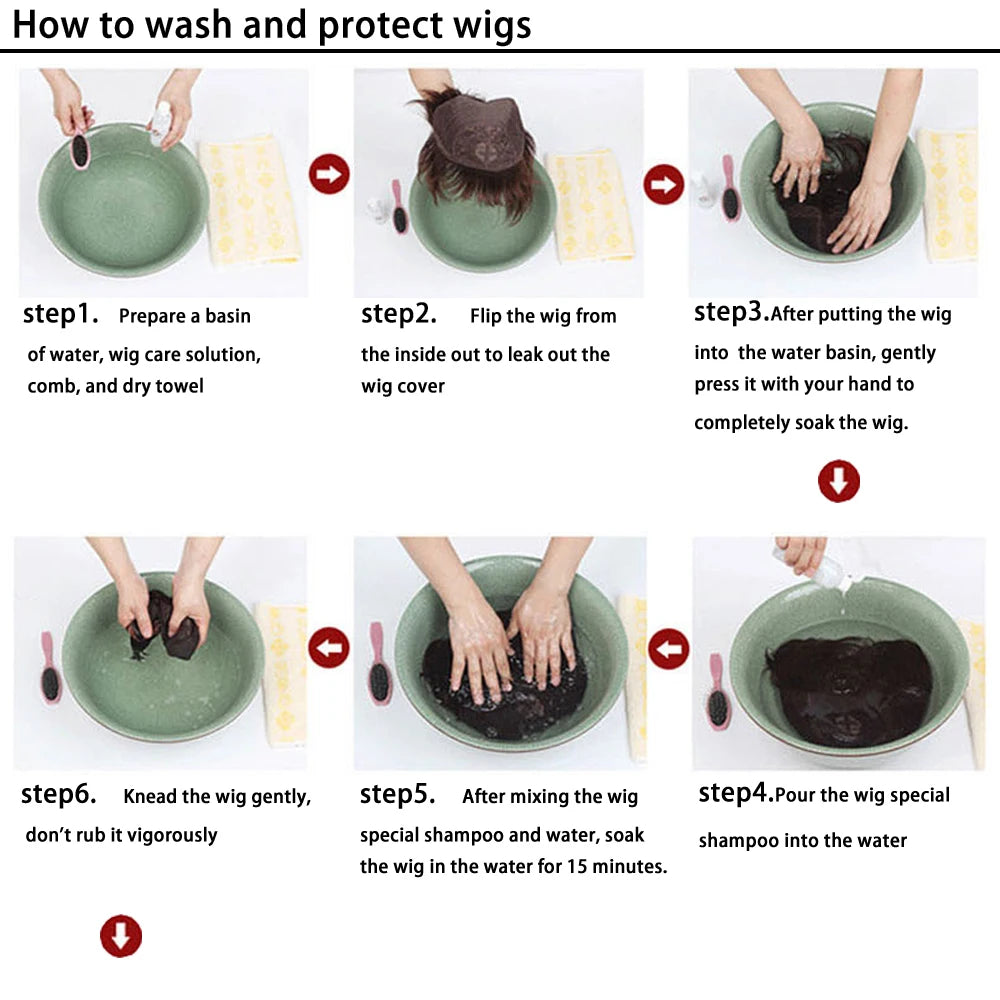 Curly bun hair piece being washed in a water bowl, dark curls
