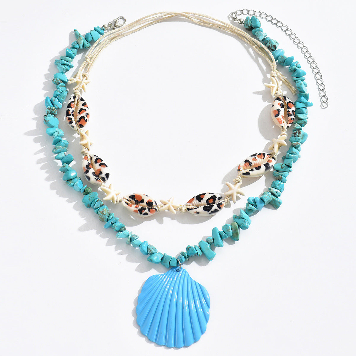 Turquoise beaded conch rope necklace with starfish charms and blue scallop shell pendant