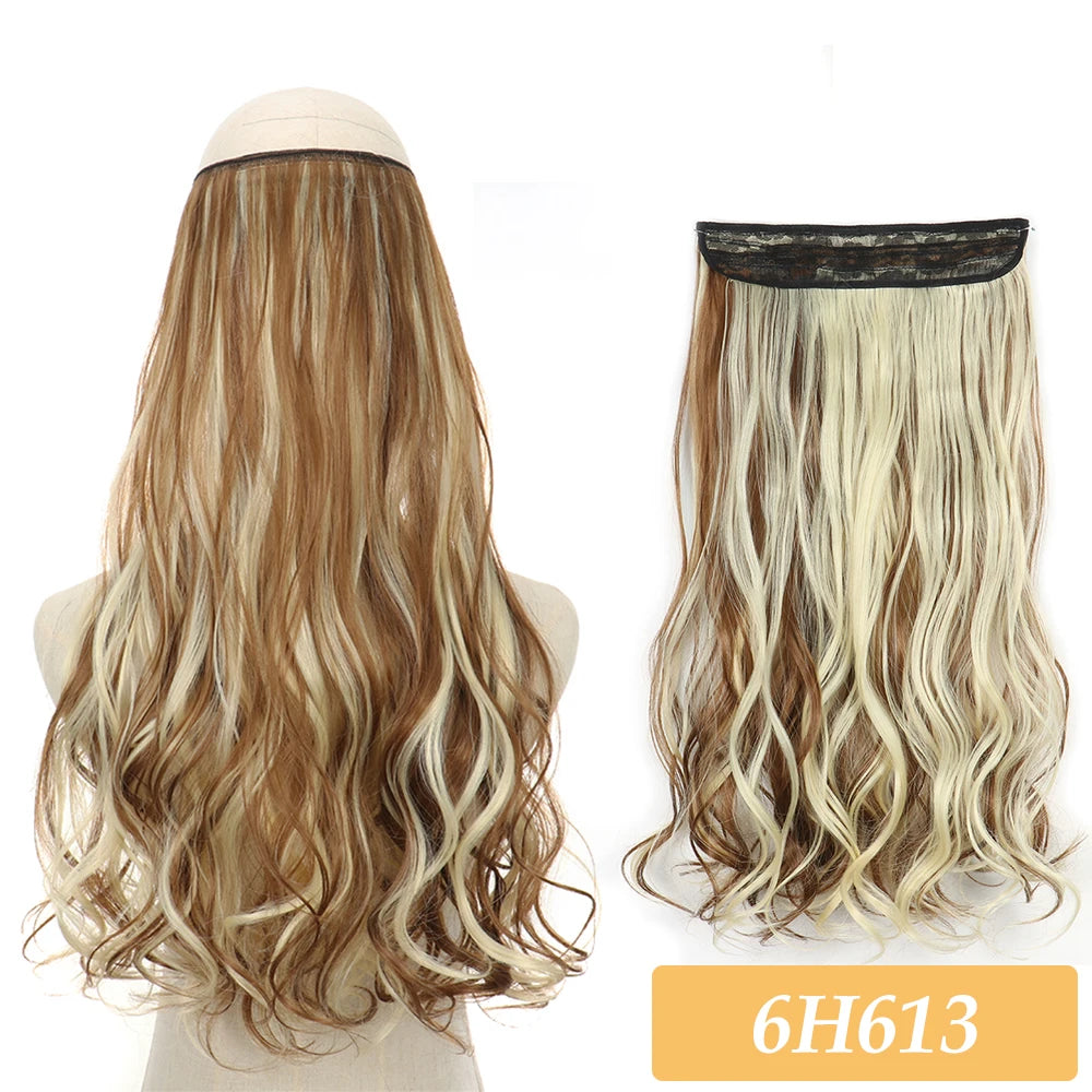 Hair extensions, synthetic wavy strands in blonde with darker roots, no-clip weft cap