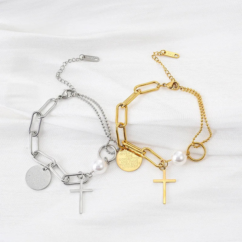 Silver and gold asymmetrical cross pearl chain bracelets with pearl and cross charms