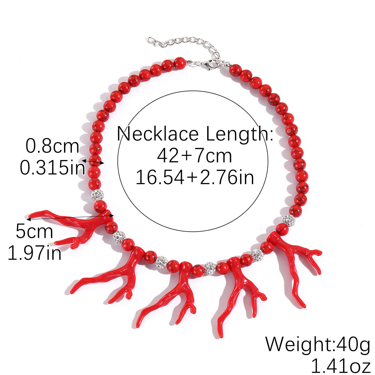 Red coral branch charm bead necklace with silver chain and round silver spacer beads