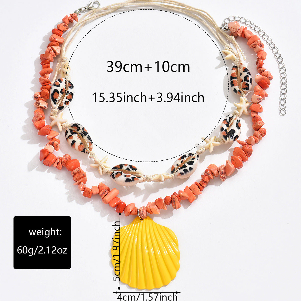 Orange conch rope necklace with starfish charms and yellow scallop shell pendant