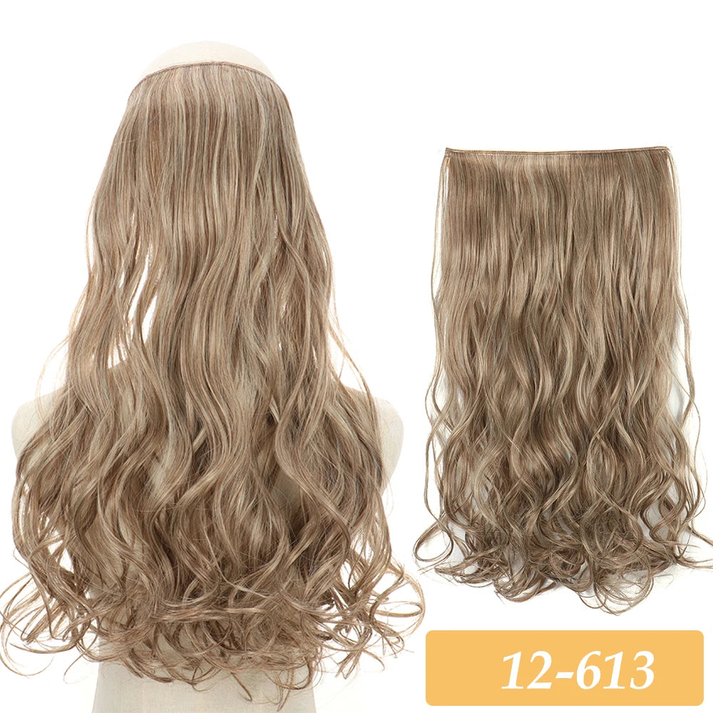 Synthetic no-clip hair extensions in taupe blonde, wavy curls with lace weft top