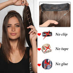 No-clip synthetic hair extension with dark brown straight strands and weft