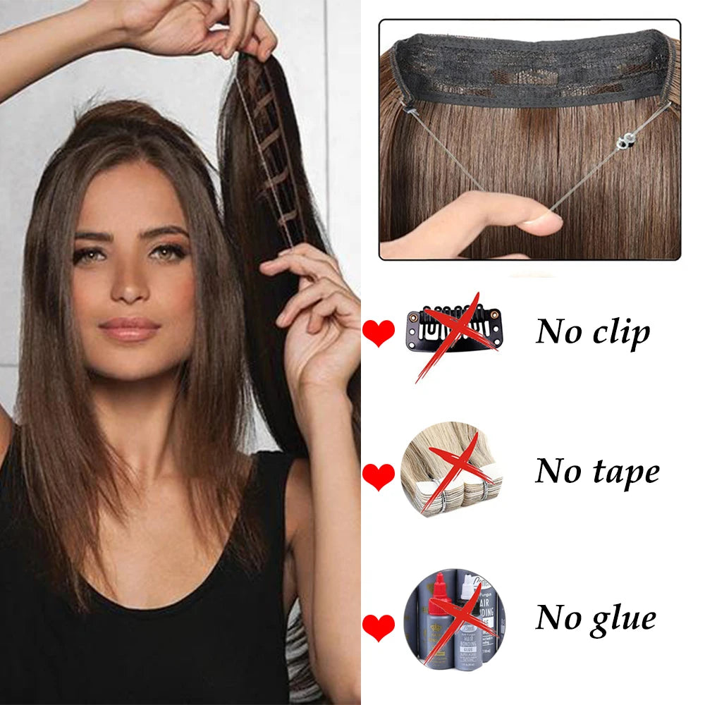 No-clip synthetic hair extension with dark brown straight strands and weft