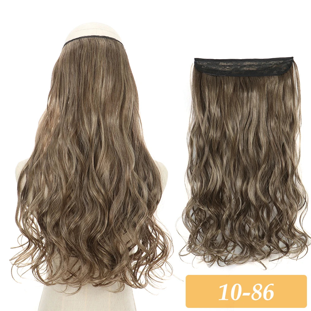 Synthetic no-clip hair extensions in ash brown, wavy curls with lace weft top