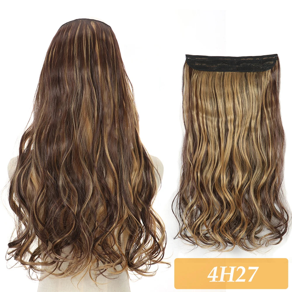 Synthetic hair extension set, dark brown and blonde wavy strands with lace weft and cap