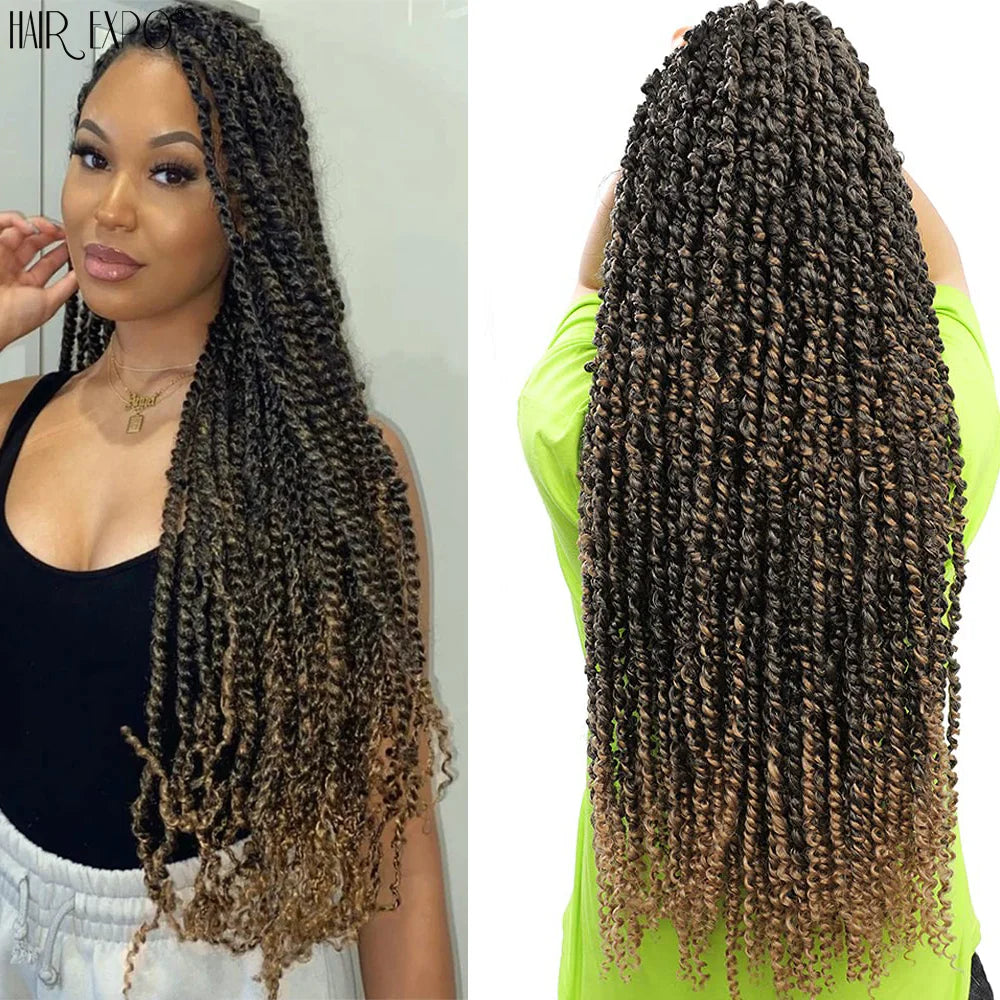 Synthetic crochet hair extensions, long springy twists with warm ombre highlights
