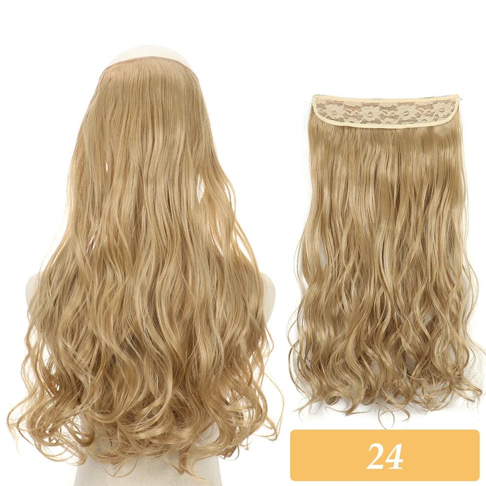 Synthetic no-clip hair extensions in light blonde, wavy curls with lace weft top