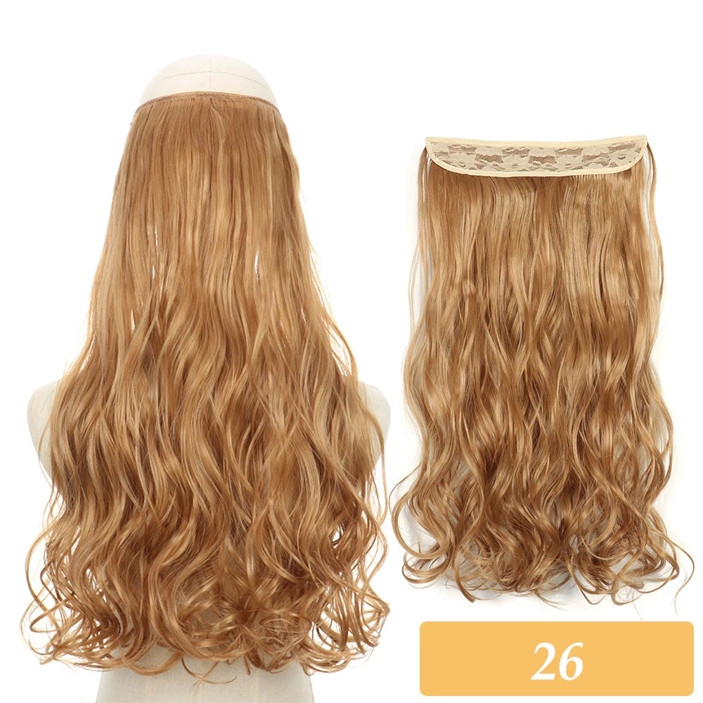 Synthetic hair extensions, golden blonde curly hair with no-clip weft, tag 26