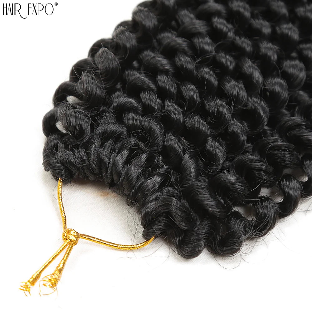 Crochet hair extension bundle with tight water-wave curls in dark black.