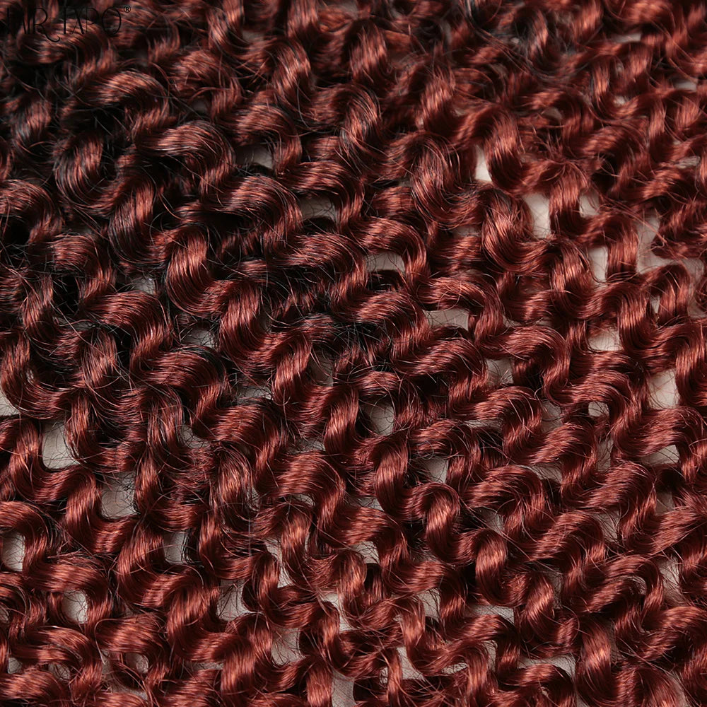 Crochet hair extensions close-up, maroon and dark brown wavy curl texture