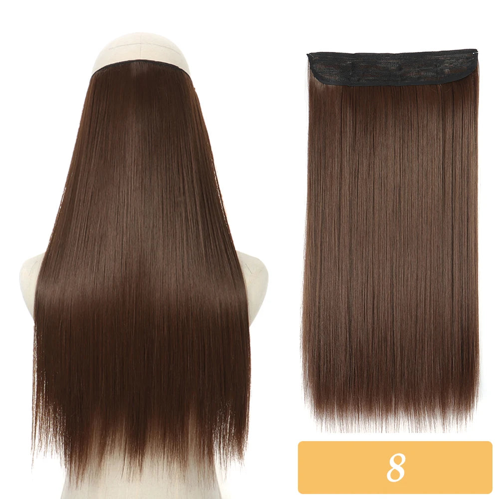 Synthetic no-clip hair extension in medium brown straight strands with weft
