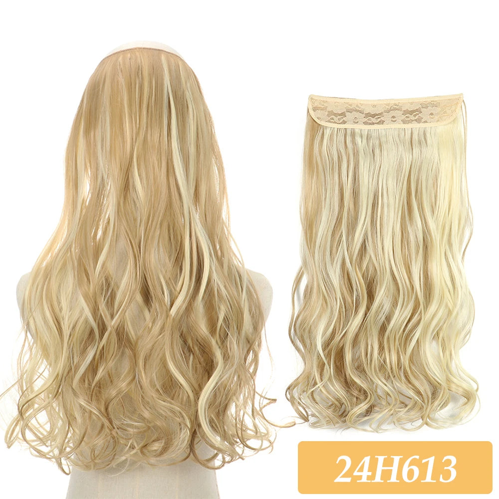 Synthetic no-clip hair extensions in golden blonde, wavy curls with lace weft top
