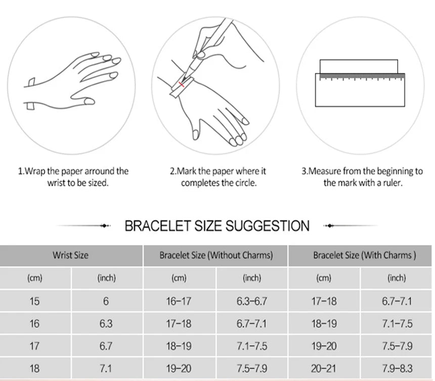 Bracelet size suggestion chart with wrist size and bracelet size measurements
