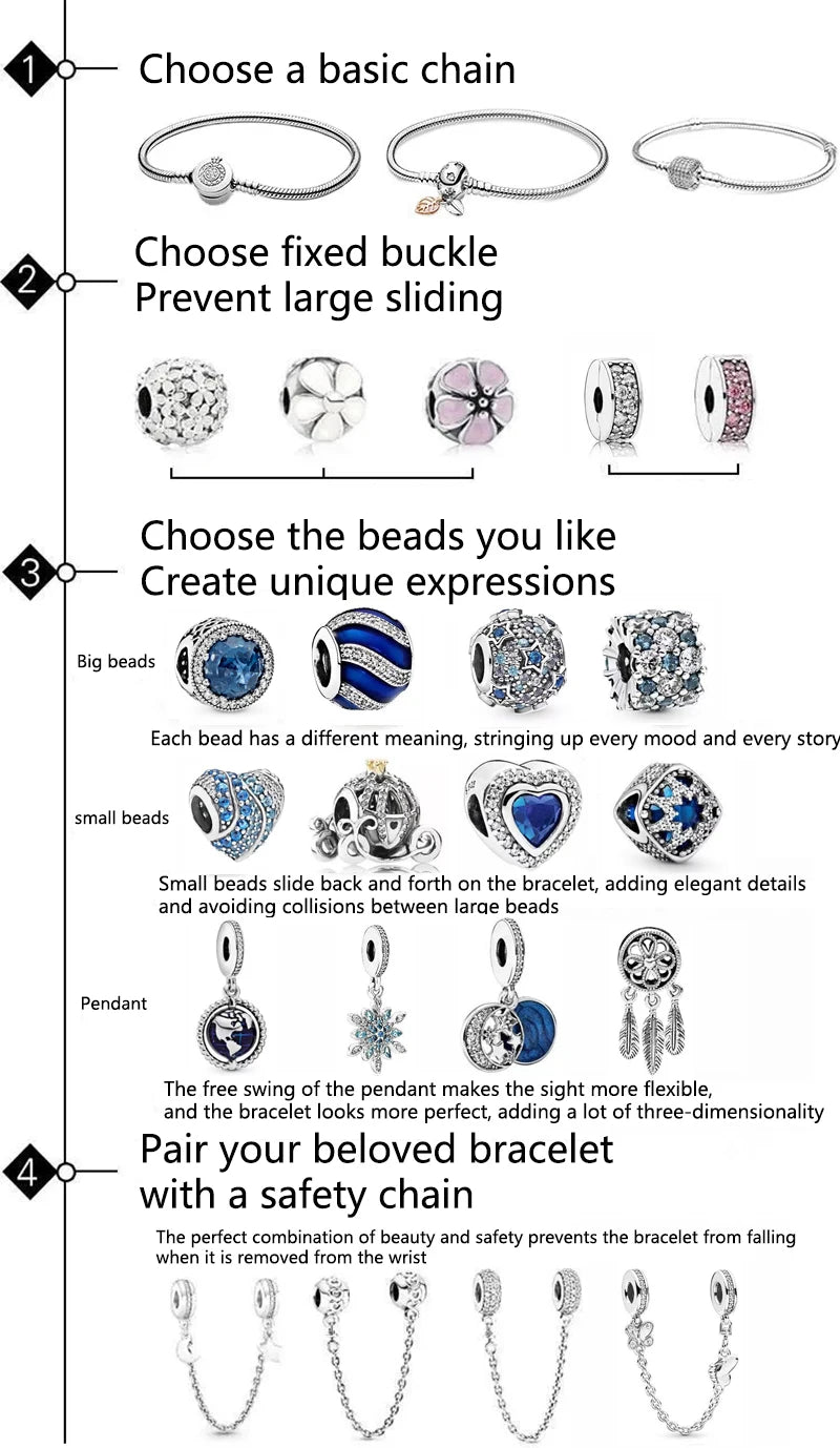 Charm bead bracelet pairing guide with sample beads and safety chain diagram