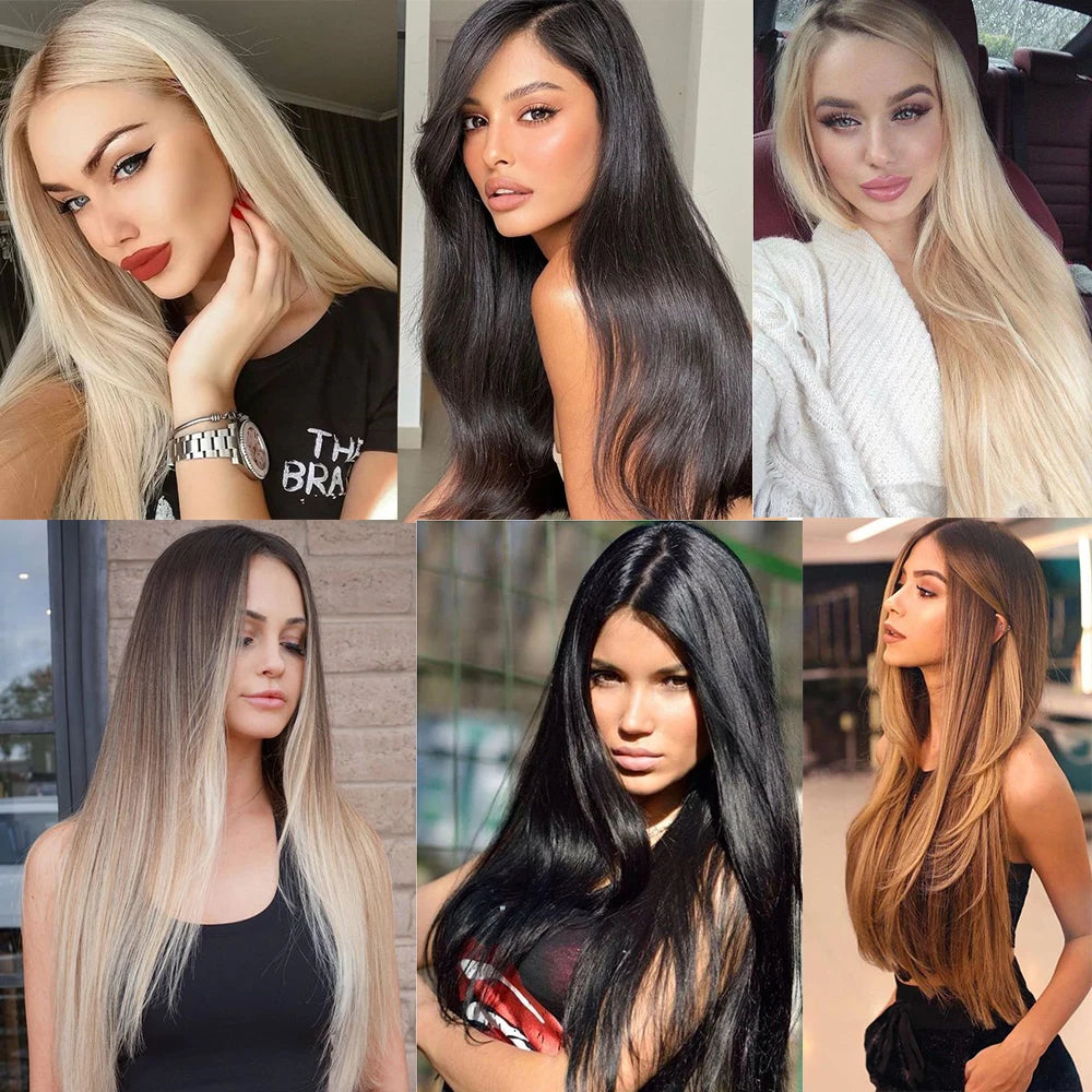 Synthetic hair extension styles with light blonde, dark brown, and black hair