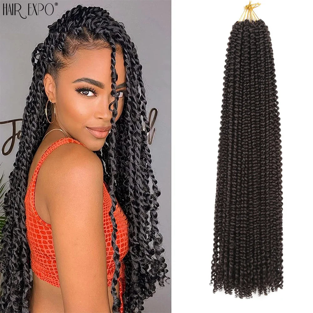 Synthetic crochet hair extensions on a model, long dark twists with subtle ombre ends