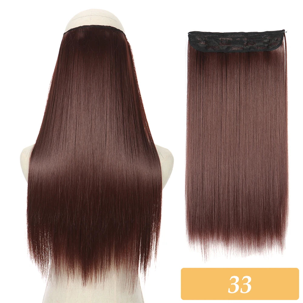 Synthetic hair extensions, dark reddish-brown straight hair with no-clip weft, tag 33