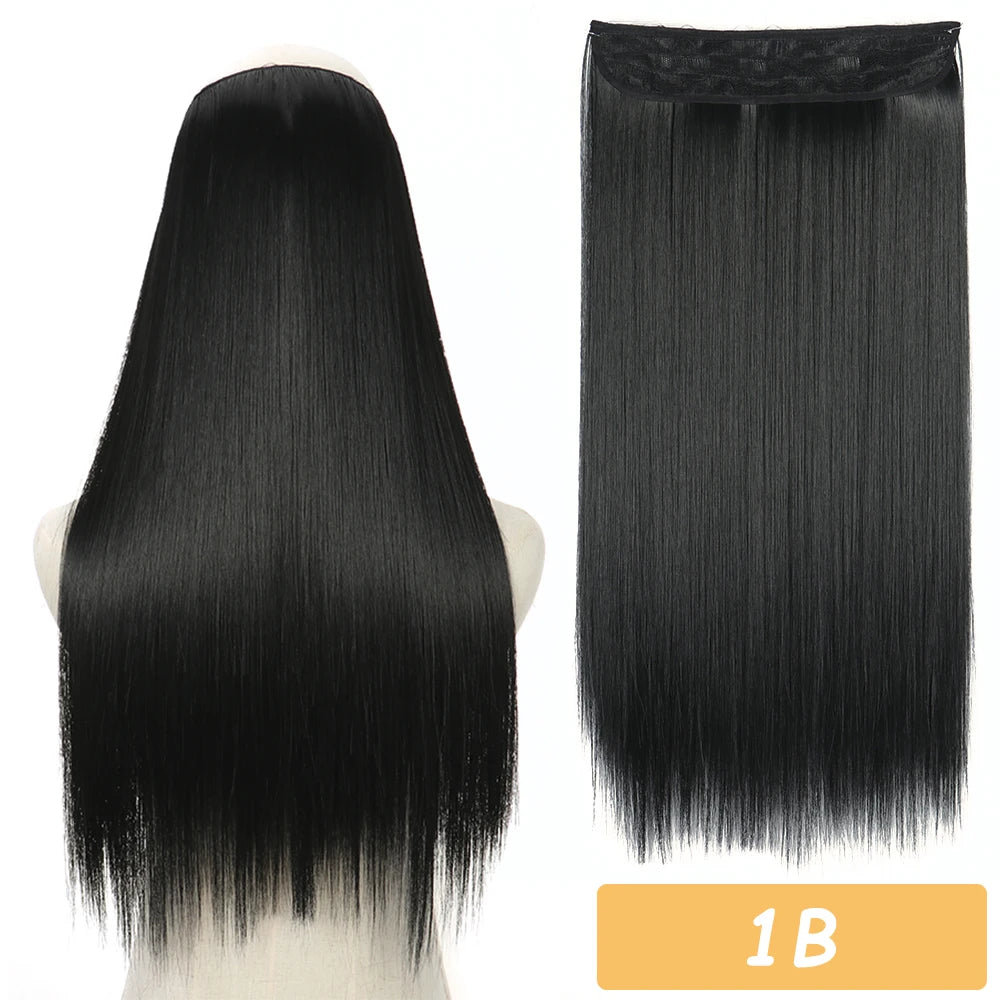 Synthetic no-clip hair extension in black, full-length straight hair piece