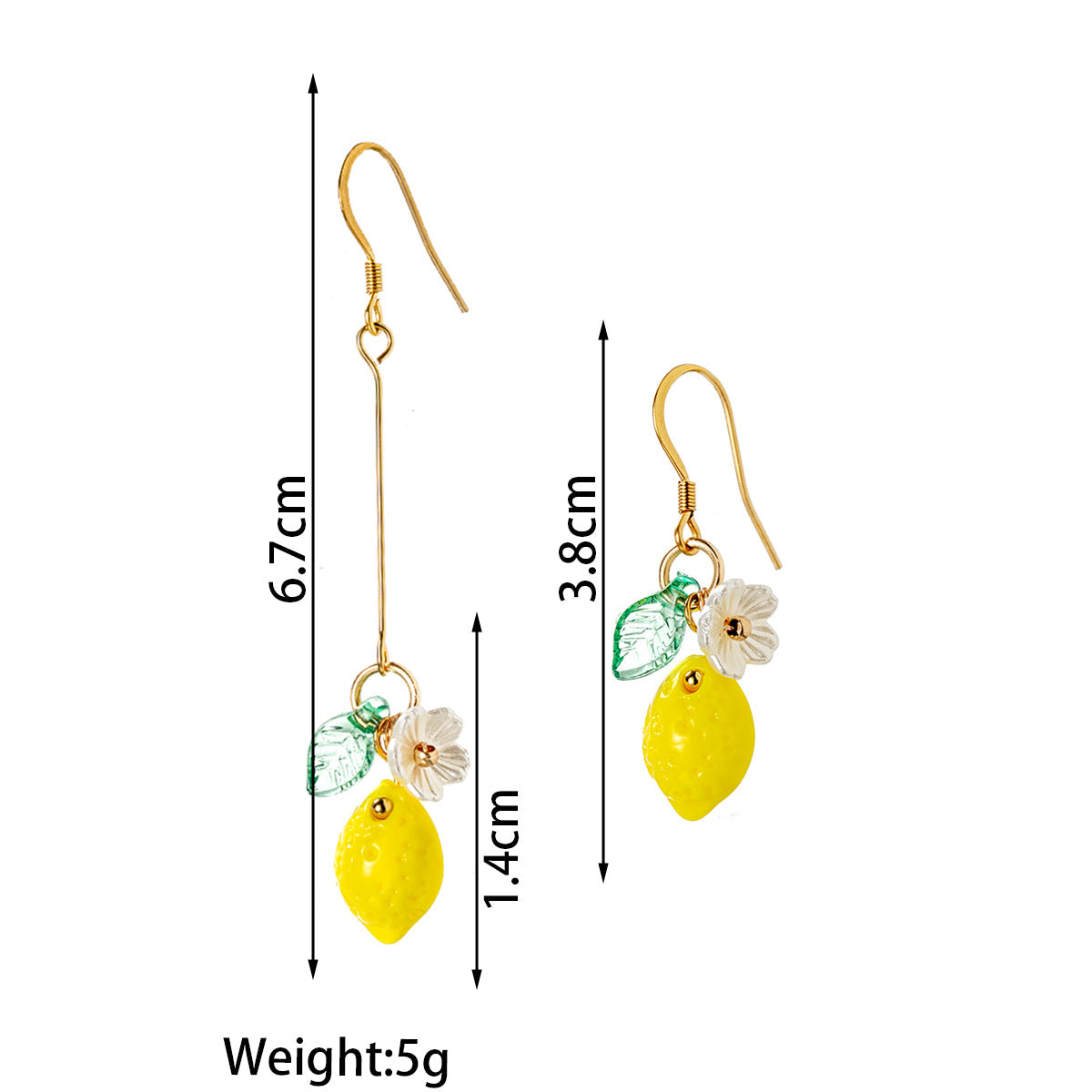 Lemon drop earrings diagram with yellow lemon charm, green leaf, and white flower