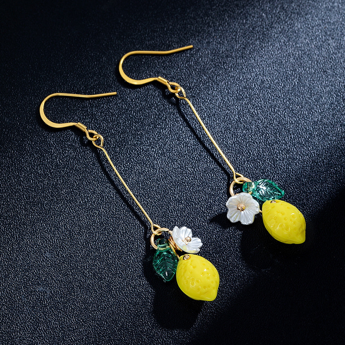 Lemon and leaf drop earrings, gold-tone with yellow acrylic lemon charms and white flowers