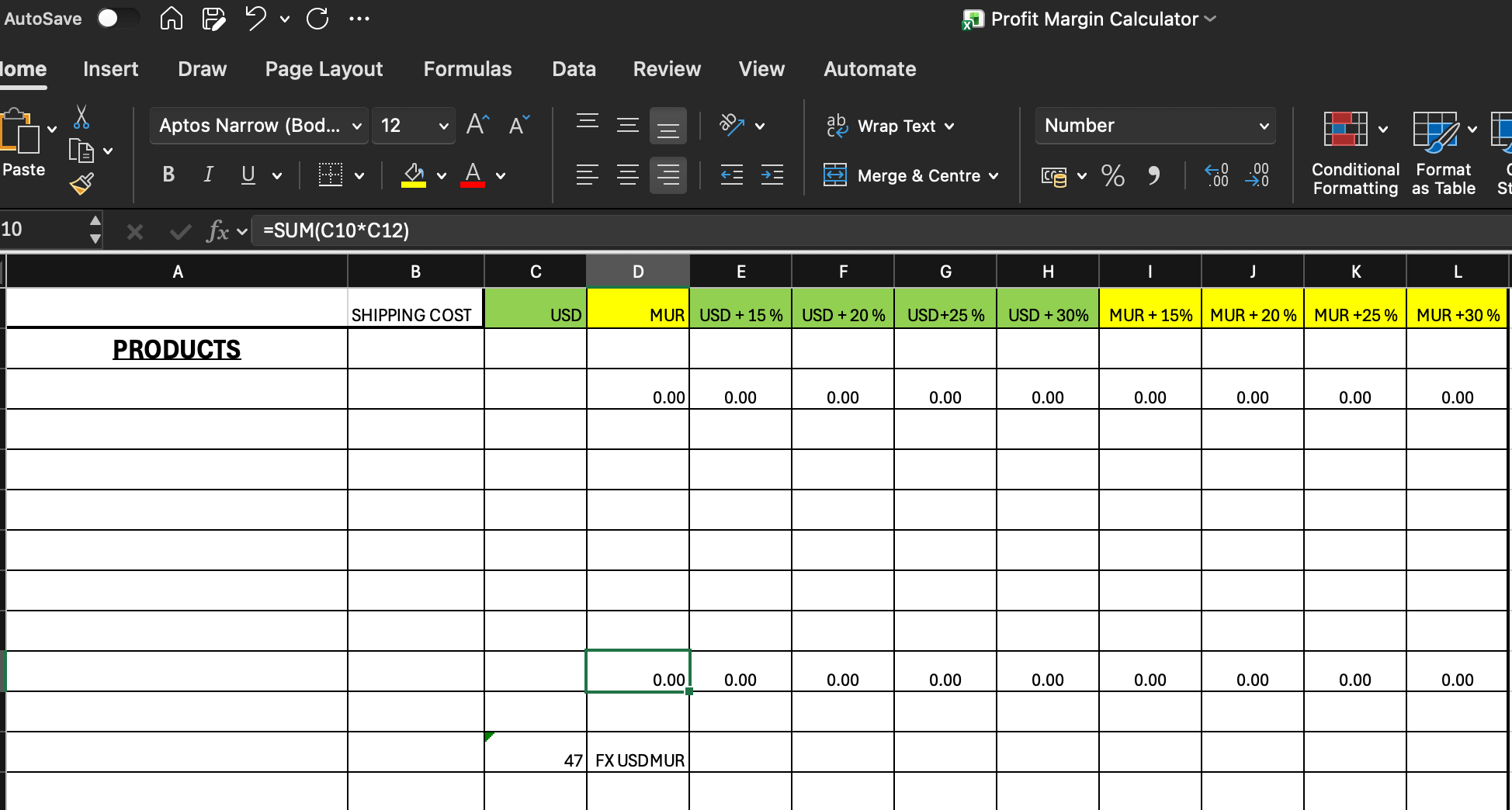 Excel profit margin calculator template with table and percentages grid