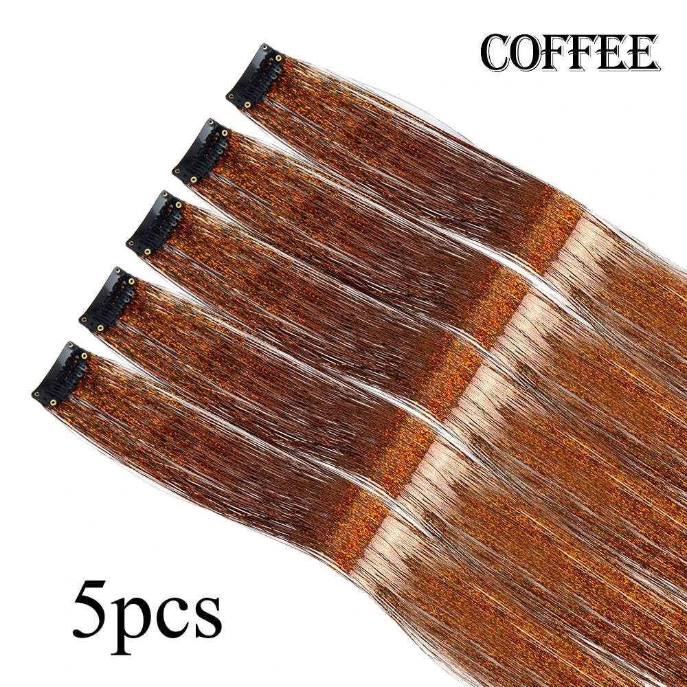 Glitter hair tinsel set, coffee brown, 5 pieces with clip-on strands