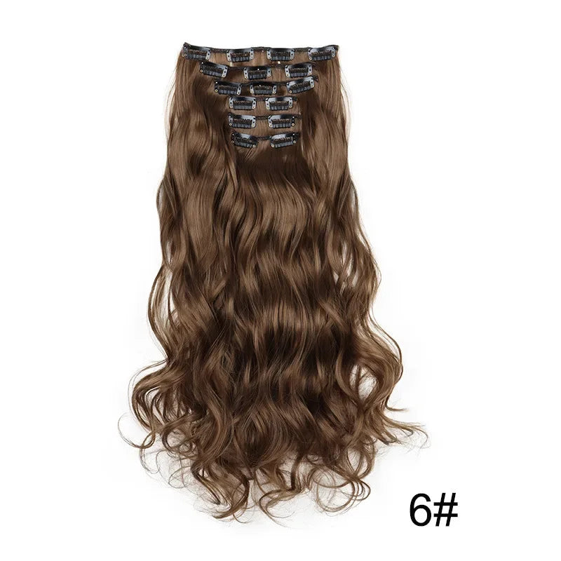 Full head clip-in hair extension, long wavy medium brown with snap clips