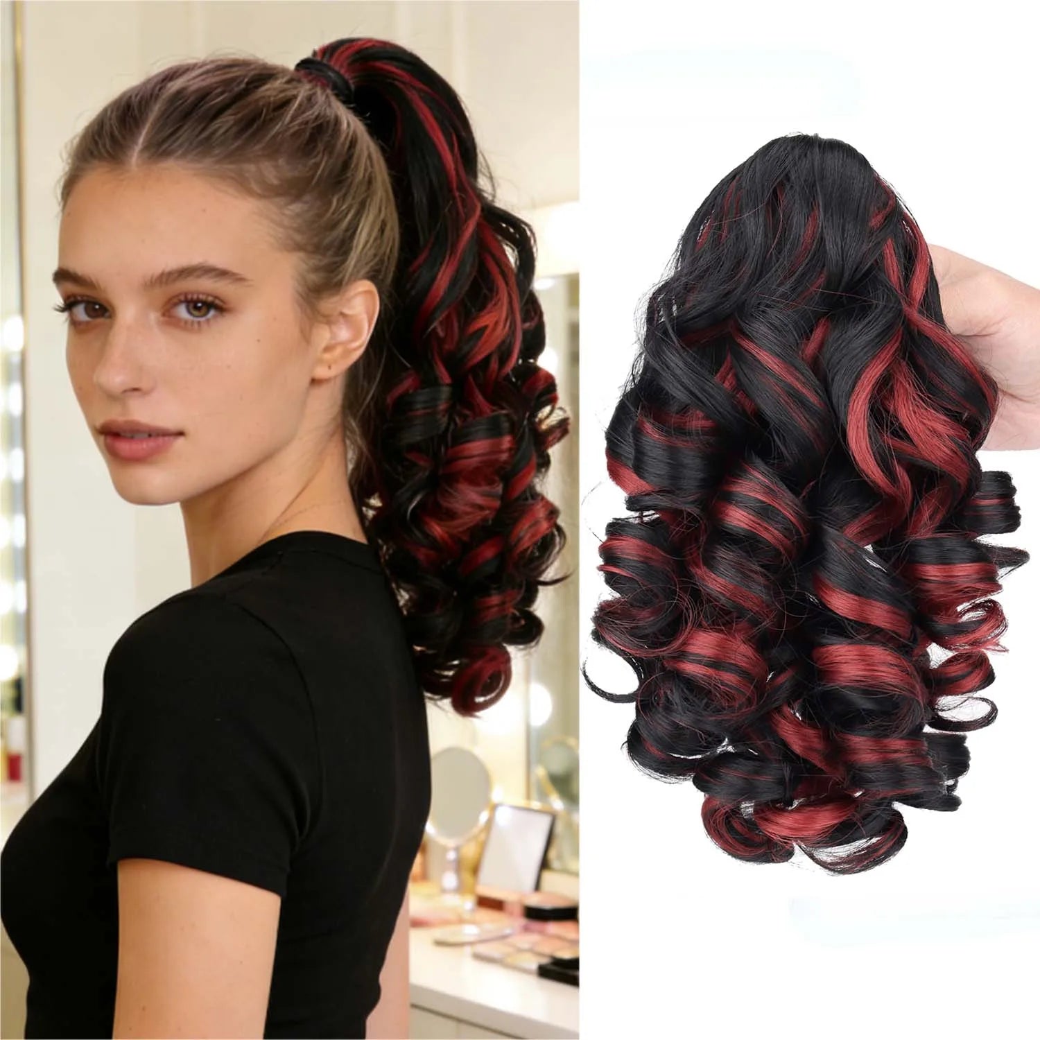 Claw clip ponytail extension with wavy synthetic hair, black with red highlights