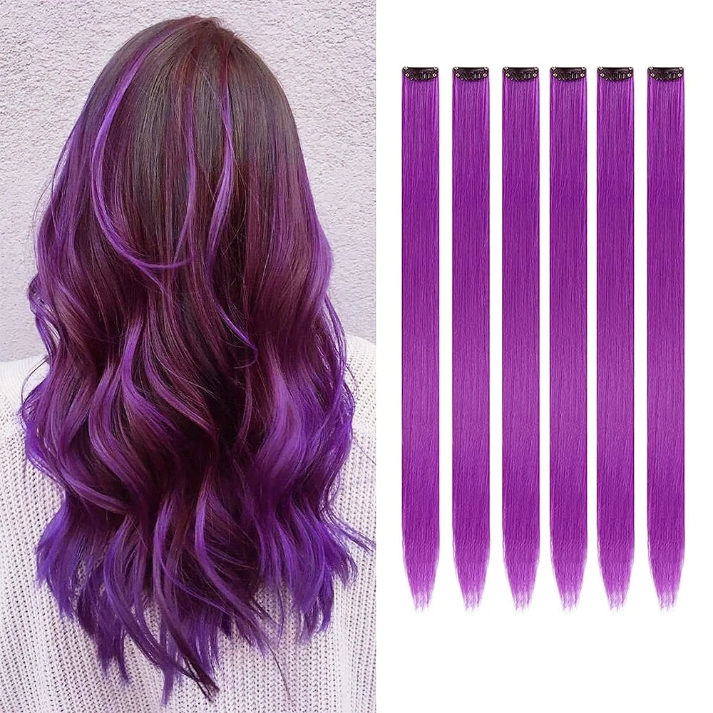 Purple clip-in hair highlight set with six long straight strands