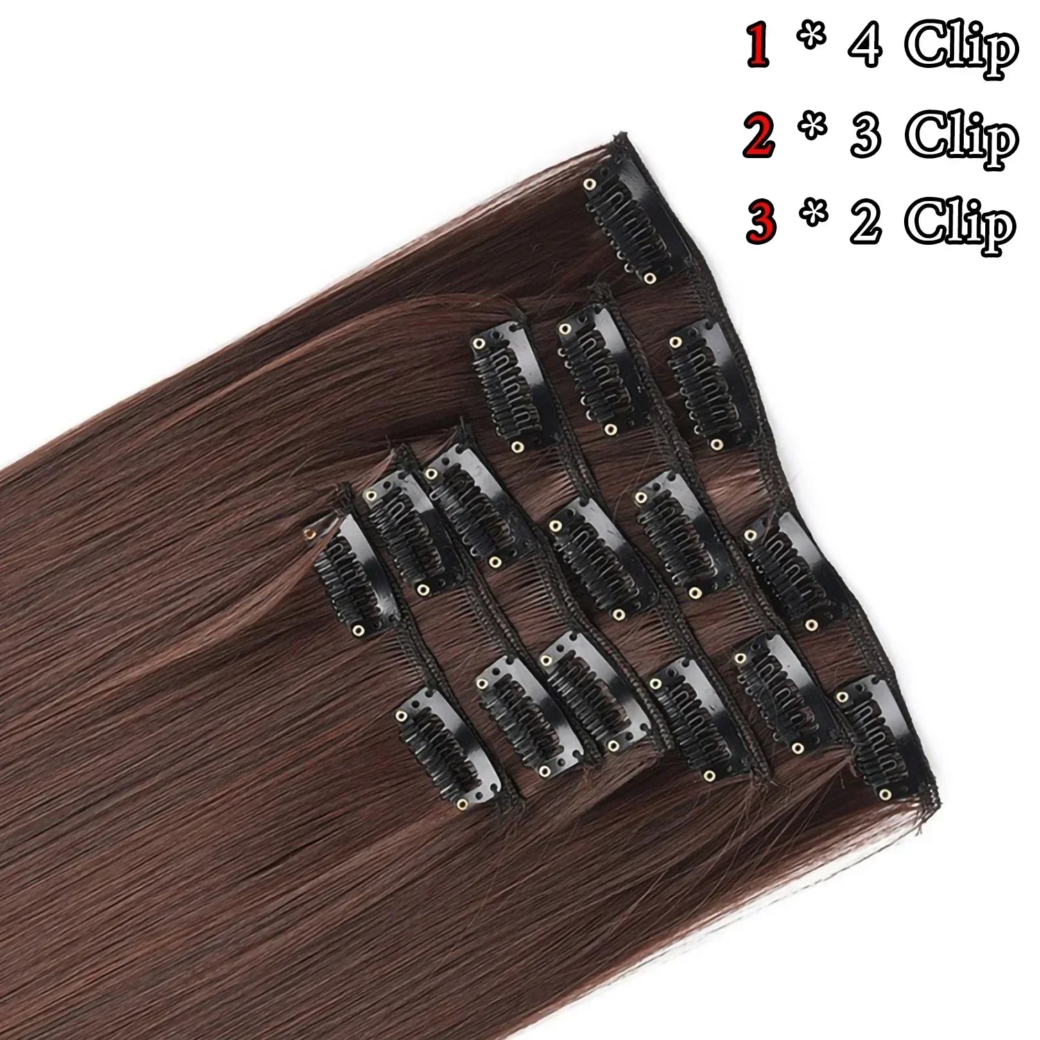 Brown synthetic clip-in hair extension weft with multiple metal clips