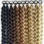 Synthetic box braid ponytail extension set with multiple ombre shades and elastic loops