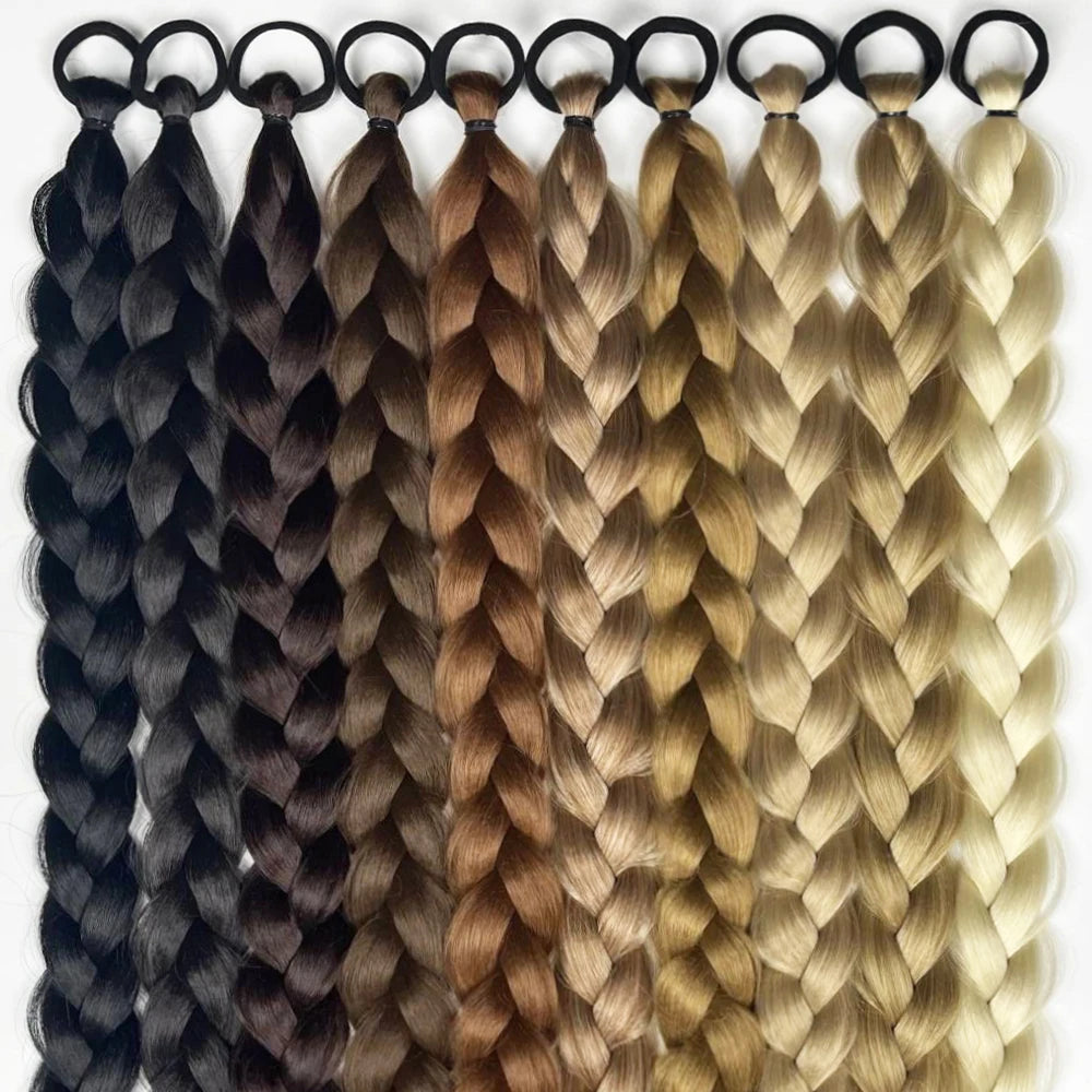 Synthetic box braid ponytail extension set with multiple ombre shades and elastic loops