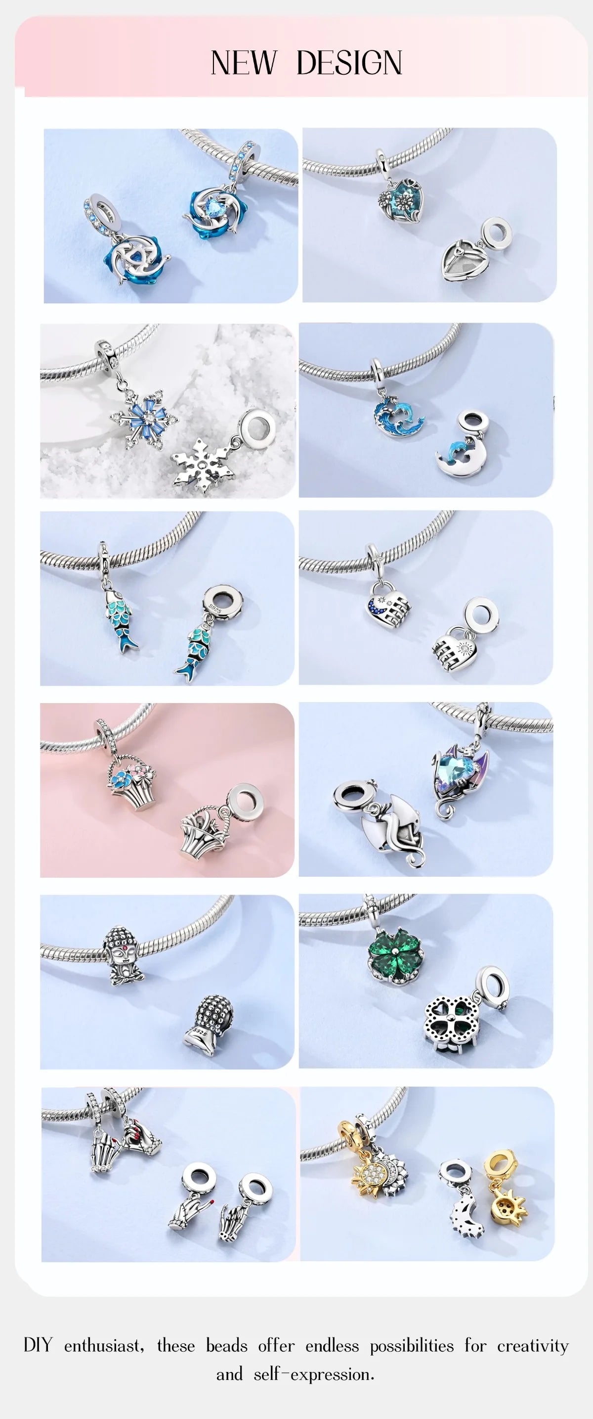 Sterling silver charm bead with blue evil-eye motif and dangling charms