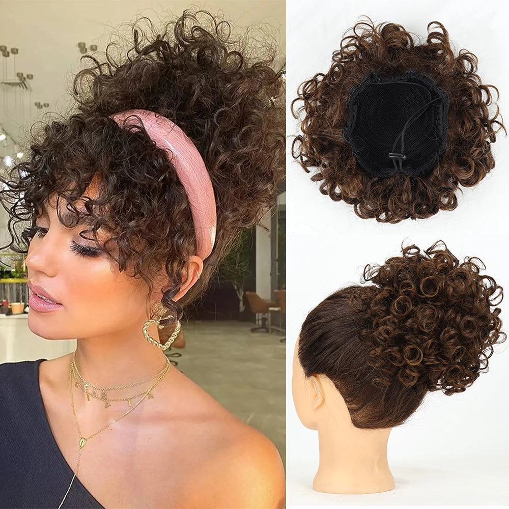 Drawstring messy bun hair piece, synthetic curly in deep brown
