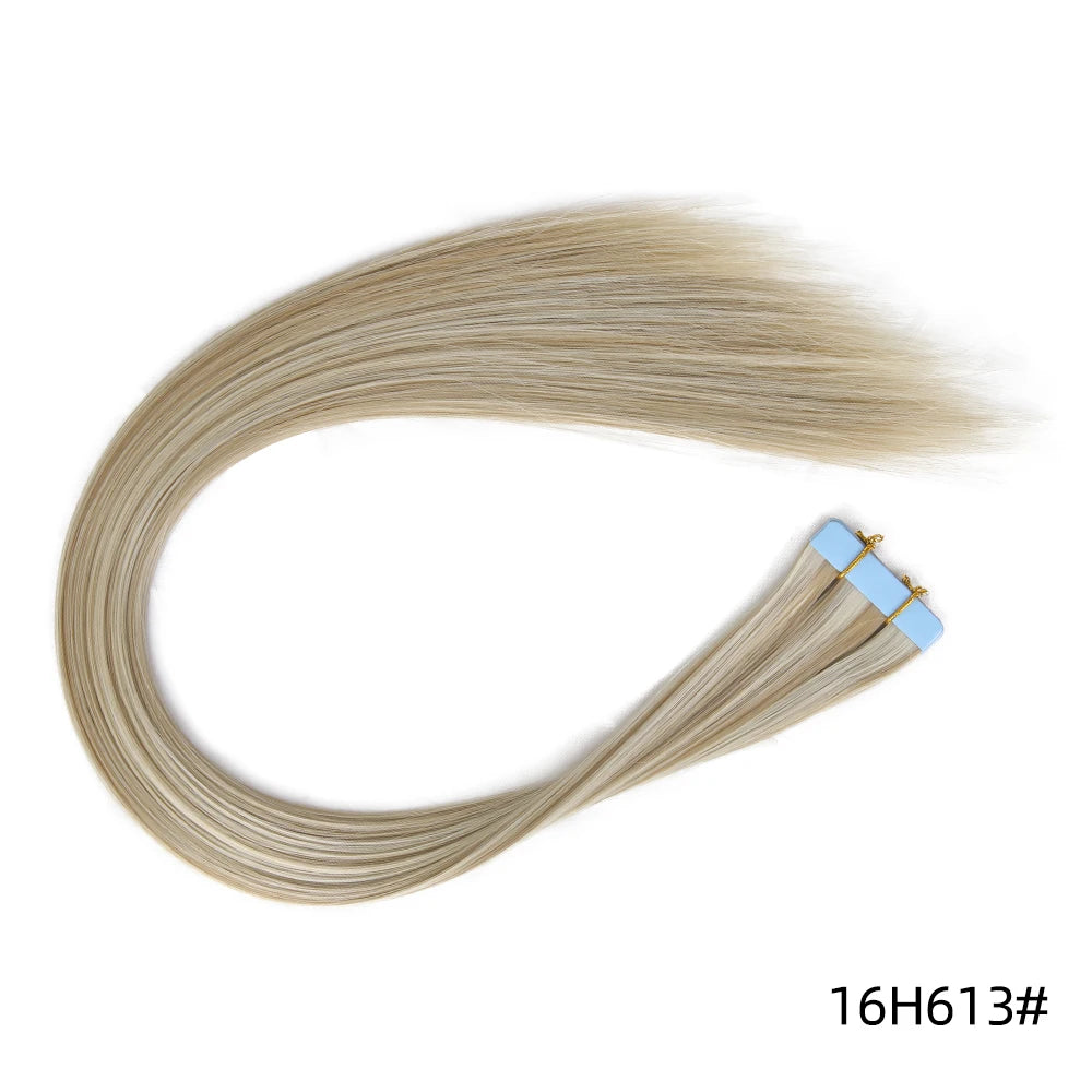 Synthetic straight tape-in hair extension strand with blue tape ends, color 16H613#