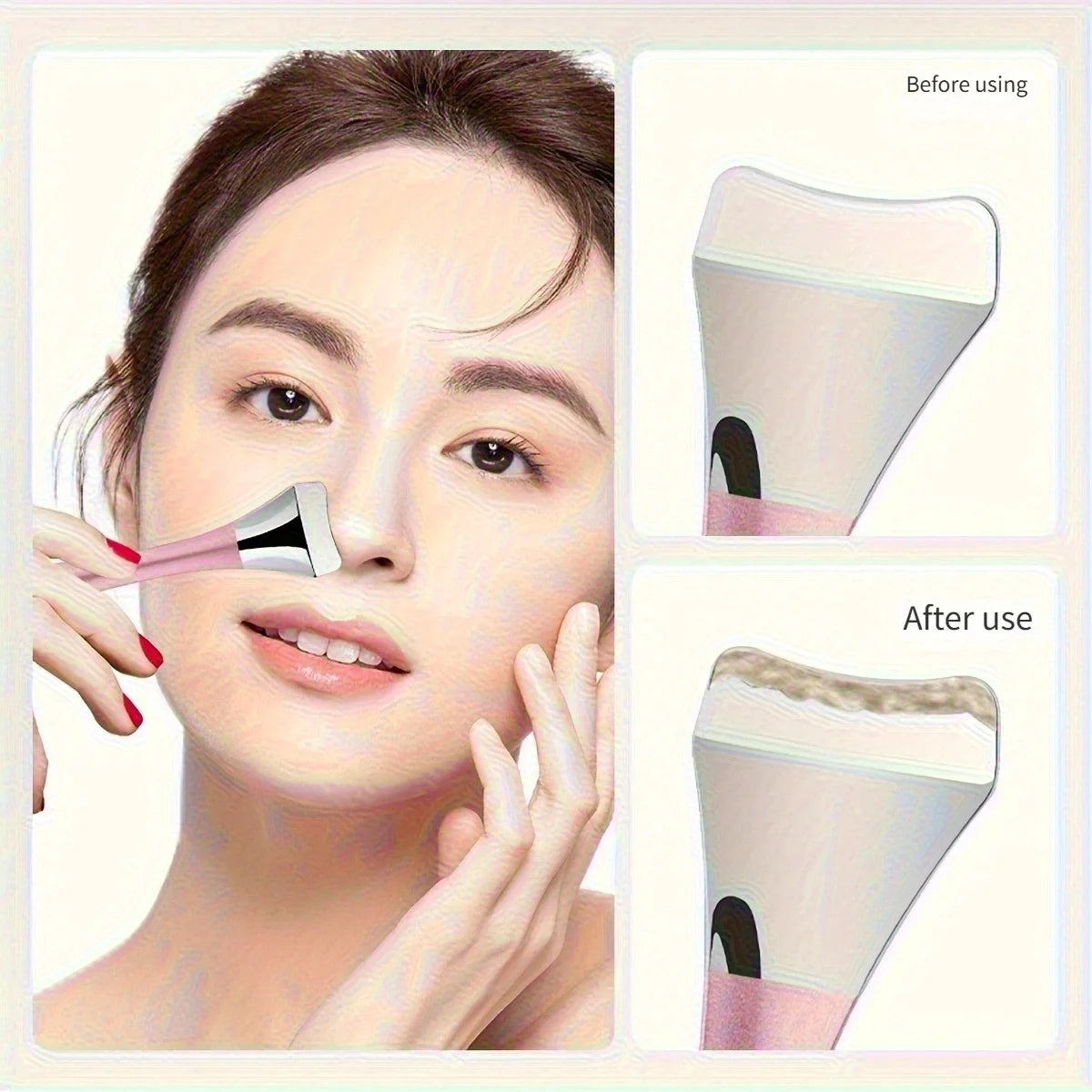 Facial blackhead removal tool with pink handle shown before and after use