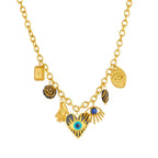 Gold-tone charm necklace set with hamsa, evil-eye heart, wings, eye, rose and padlock charm