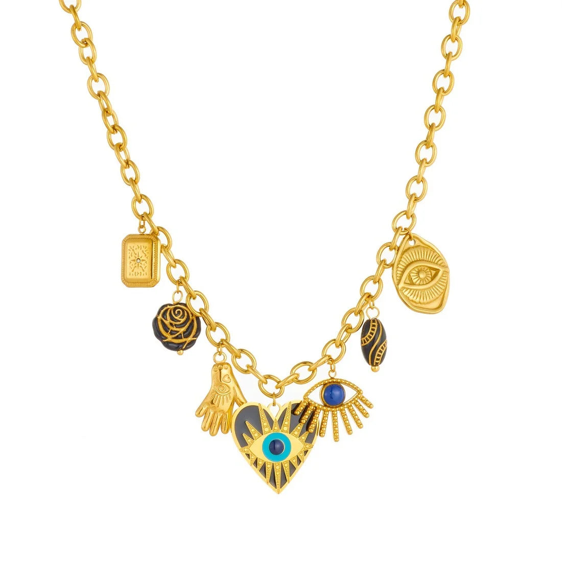 Gold-tone charm necklace set with hamsa, evil-eye heart, wings, eye, rose and padlock charm