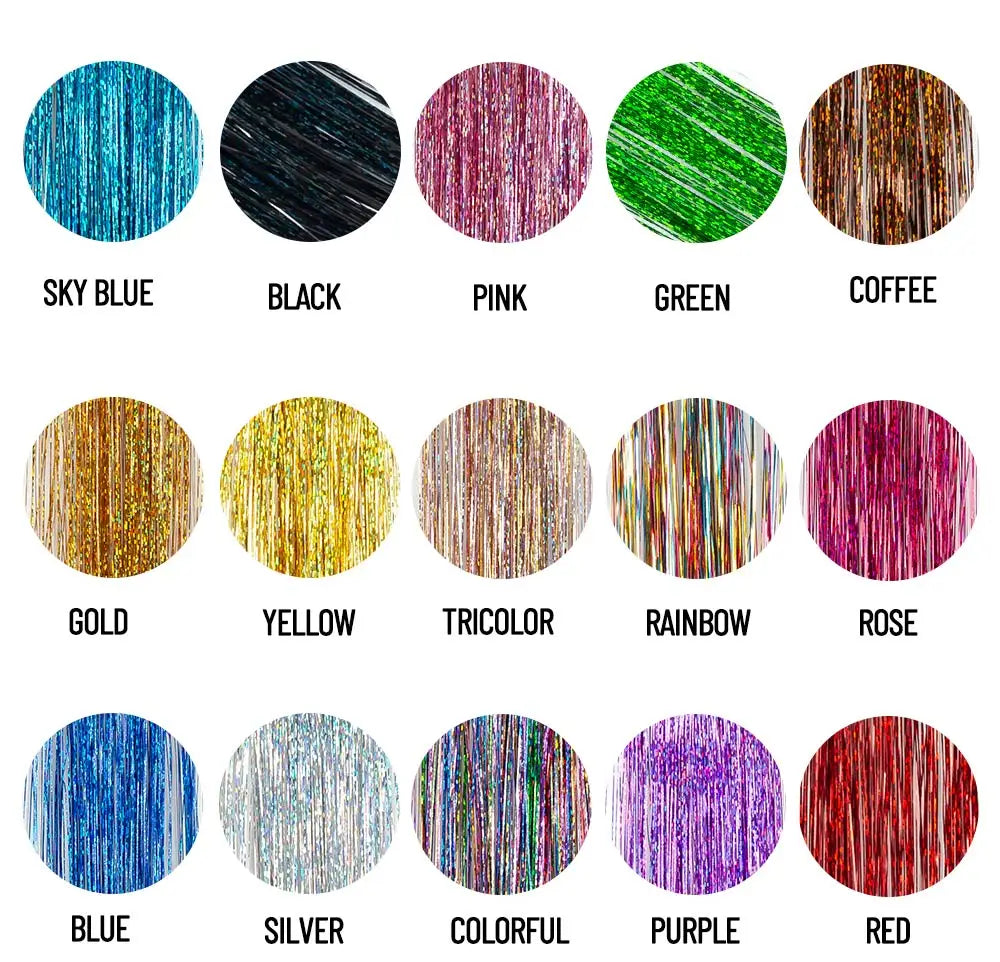 Hair tinsel color swatches in sky blue, black, pink, green, coffee, gold, rainbow, and more