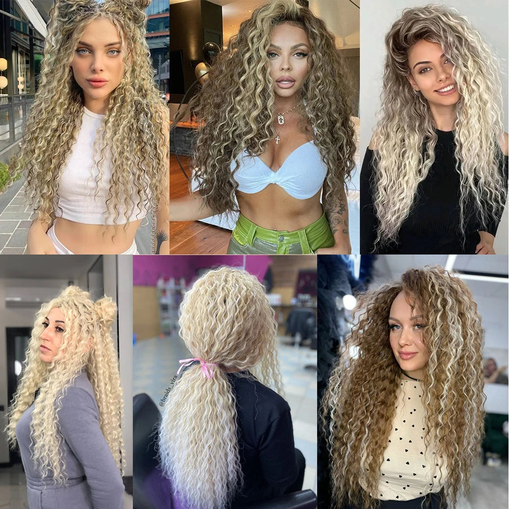 22-inch curl crochet hair extension with light blonde ombre, water-wave curls on model