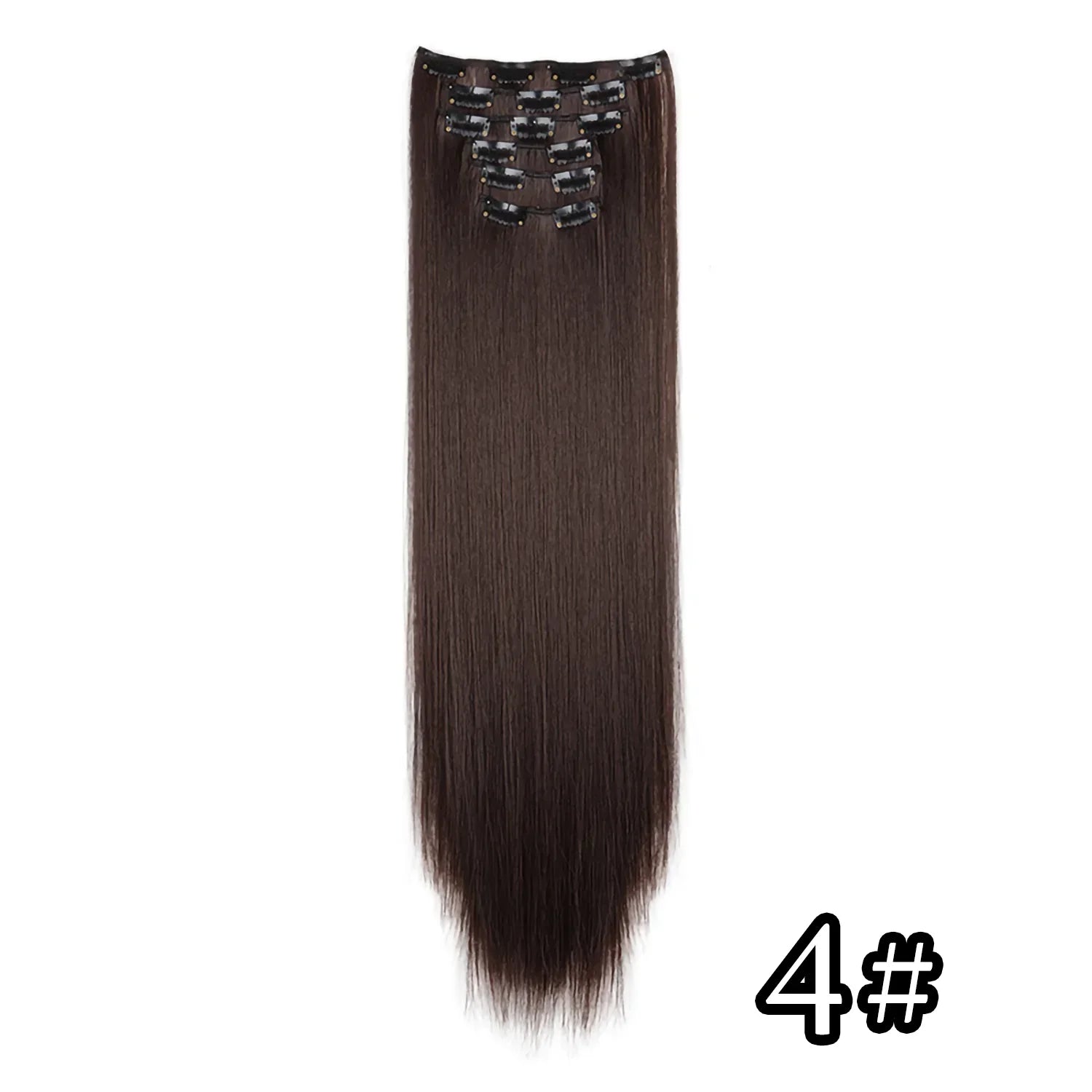 Very dark brown straight clip-in hair extension with metal comb clips at the top