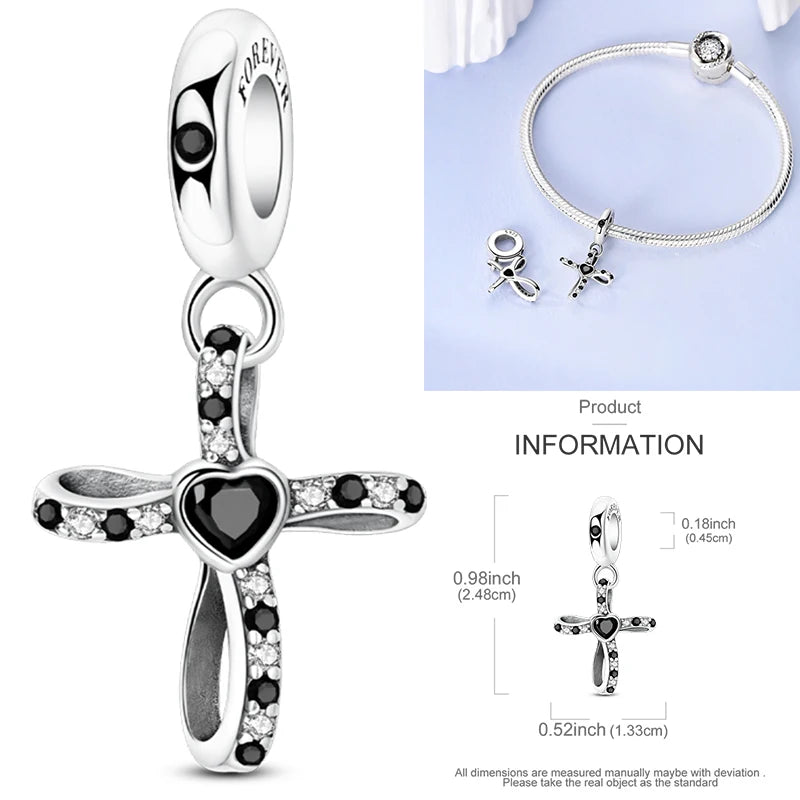925 sterling silver cross charm with black heart center and clear crystal accents