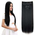 Black straight clip-in hair extension weft with several metal clips, long length