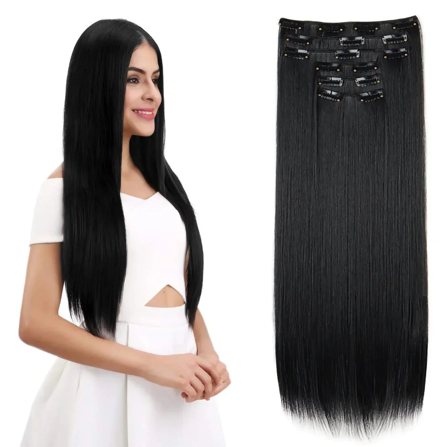 Black straight clip-in hair extension weft with several metal clips, long length
