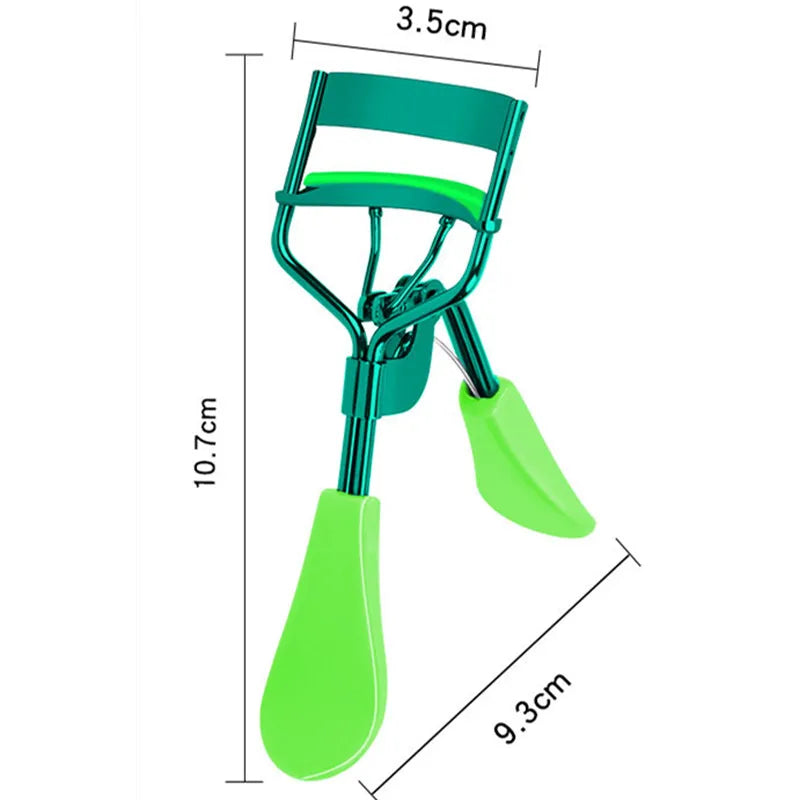 Eyelash curler tool size diagram with green silicone handle and chrome frame