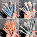 Makeup brush set with assorted blue and beige brushes, soft bristles and spoolie