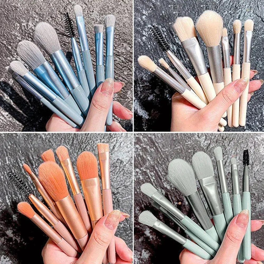 Makeup brush set with assorted blue and beige brushes, soft bristles and spoolie